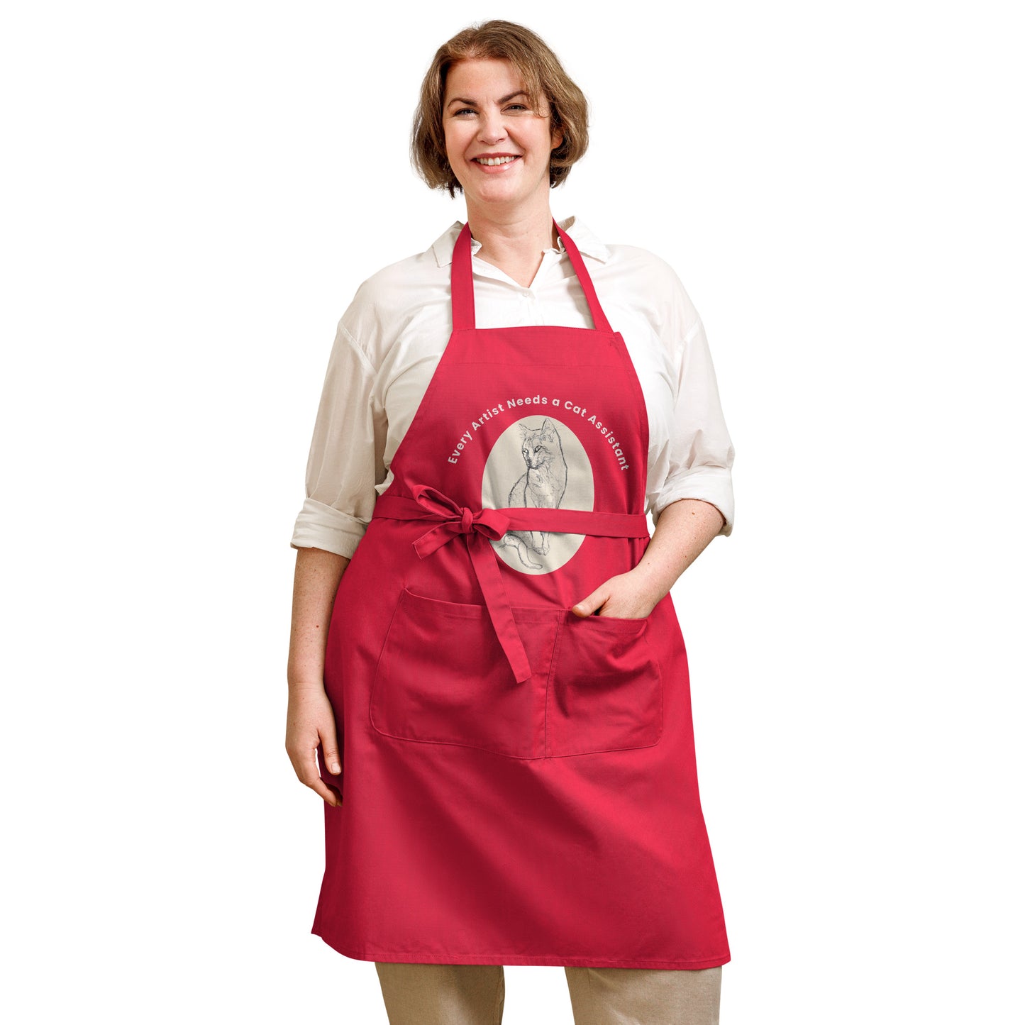 Organic cotton apron dark. Every artist needs a cat assistant. Available in 3 colours