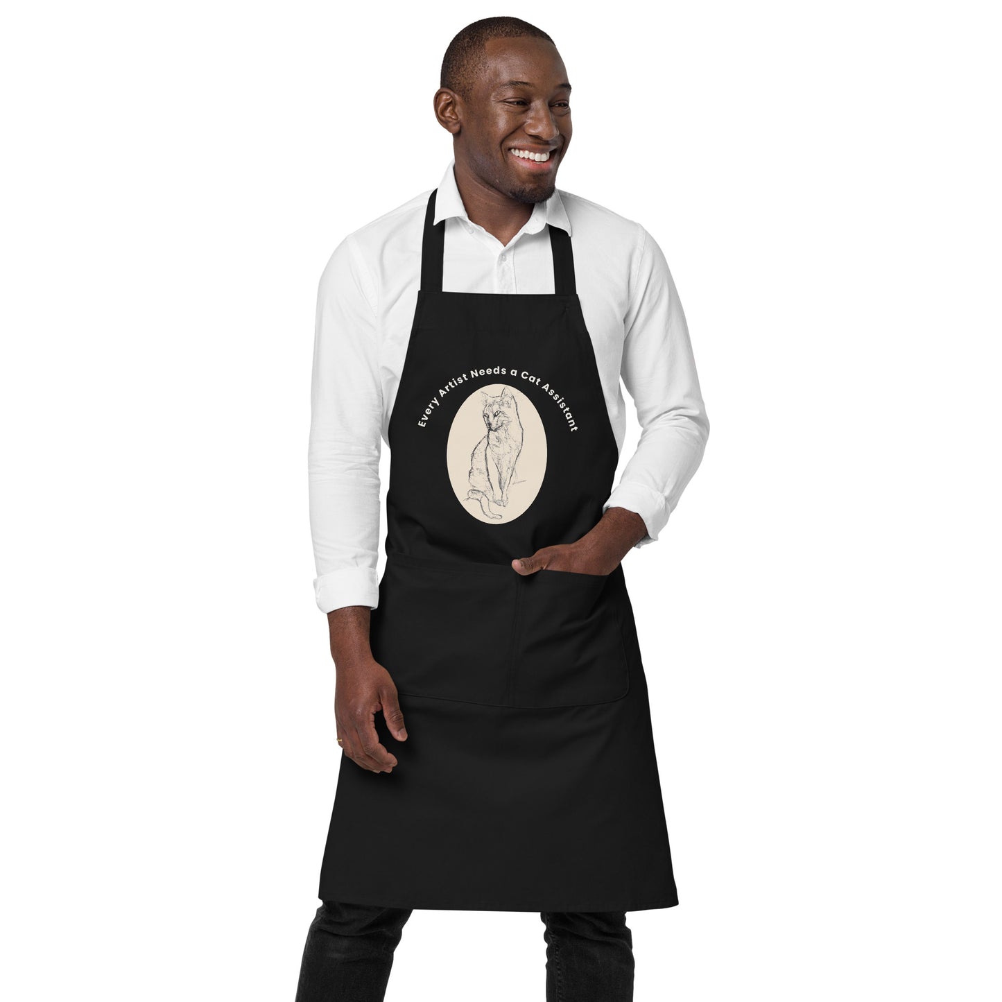 Organic cotton apron dark. Every artist needs a cat assistant. Available in 3 colours