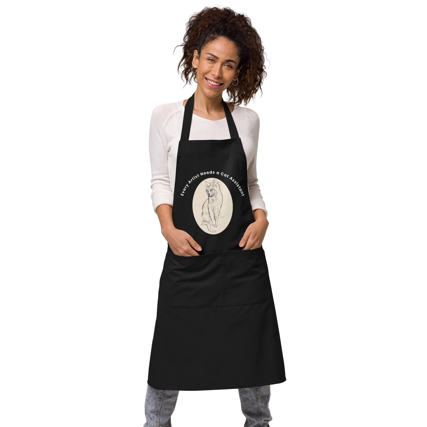 Organic cotton apron dark. Every artist needs a cat assistant. Available in 3 colours