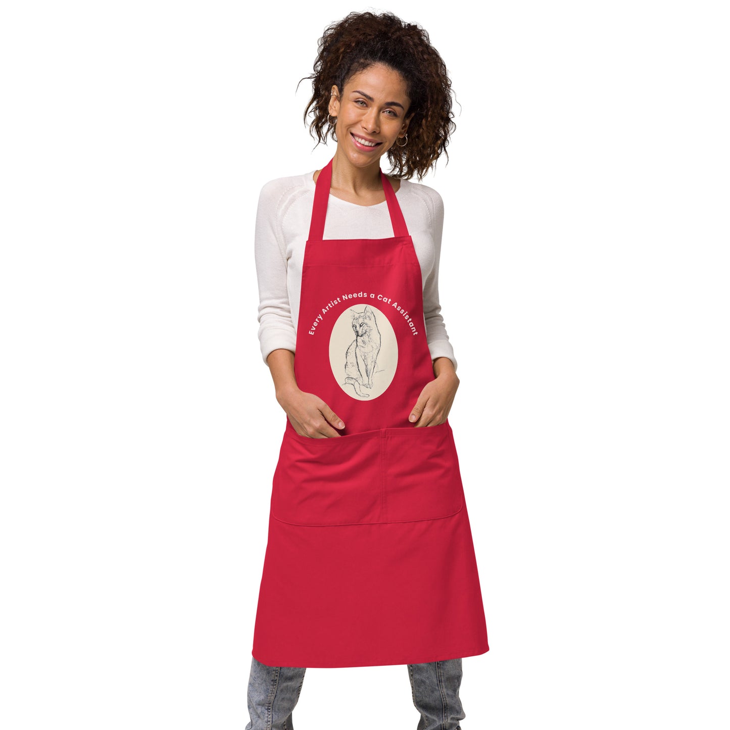 Organic cotton apron dark. Every artist needs a cat assistant. Available in 3 colours